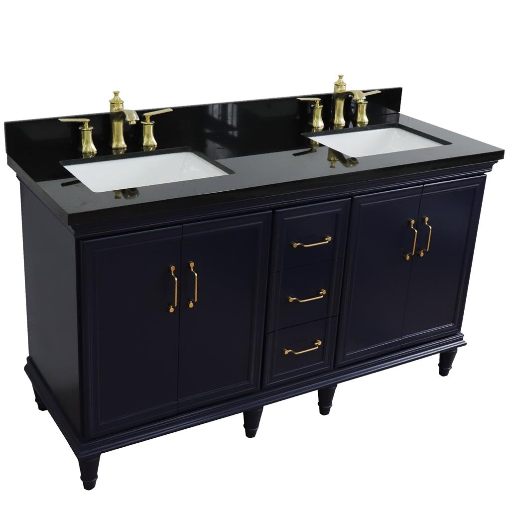 Bellaterra Forli 61" Double Vanity, Blue, Black Galaxy Granite Top/Rectangle Sink