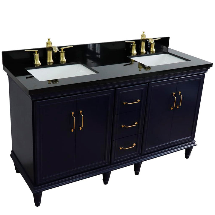 Bellaterra Forli 61" Double Vanity, Blue, Black Galaxy Granite Top/Rectangle Sink