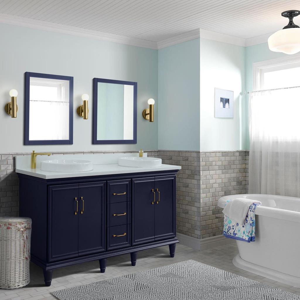 Bellaterra Forli 61" Double Vanity, Blue, White Quartz Top/Round Sink