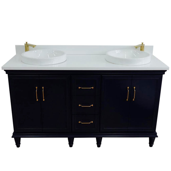 Bellaterra Forli 61" Double Vanity, Blue, White Quartz Top/Round Sink