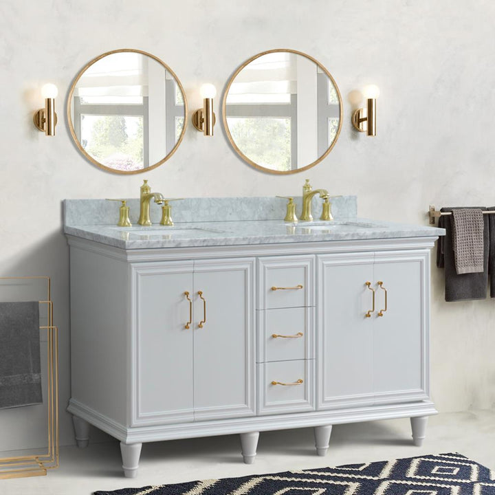 Bellaterra Forli 61" Double Vanity, White, White Carrara Marble Top/Rectangle Sink