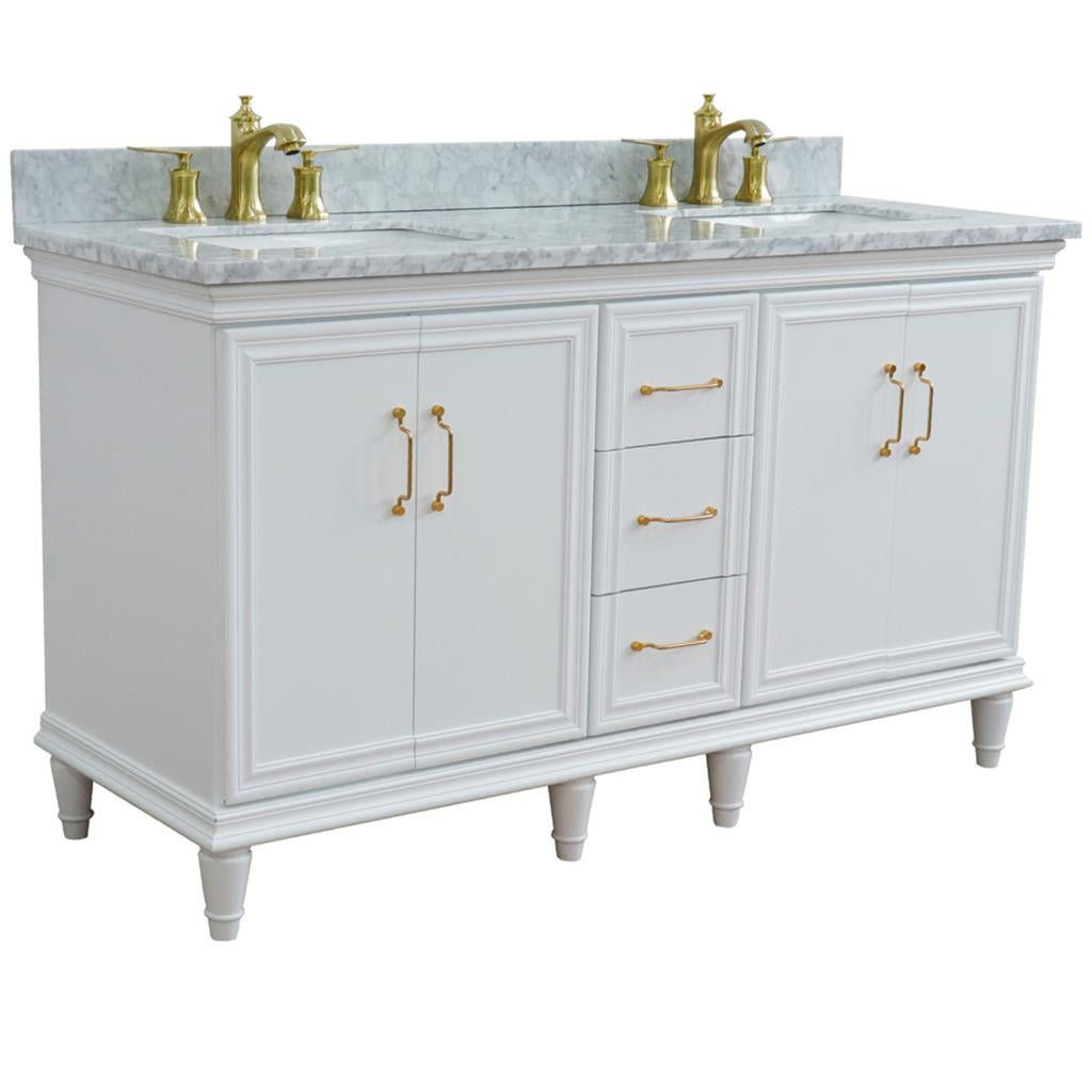 Bellaterra Forli 61" Double Vanity, White, White Carrara Marble Top/Rectangle Sink