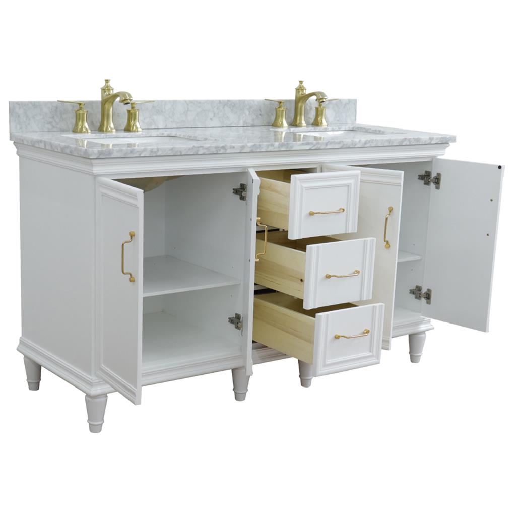 Bellaterra Forli 61" Double Vanity, White, White Carrara Marble Top/Rectangle Sink