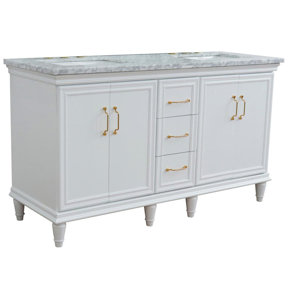 Bellaterra Forli 61" Double Vanity, White, White Carrara Marble Top/Rectangle Sink