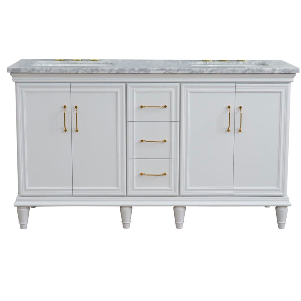 Bellaterra Forli 61" Double Vanity, White, White Carrara Marble Top/Rectangle Sink