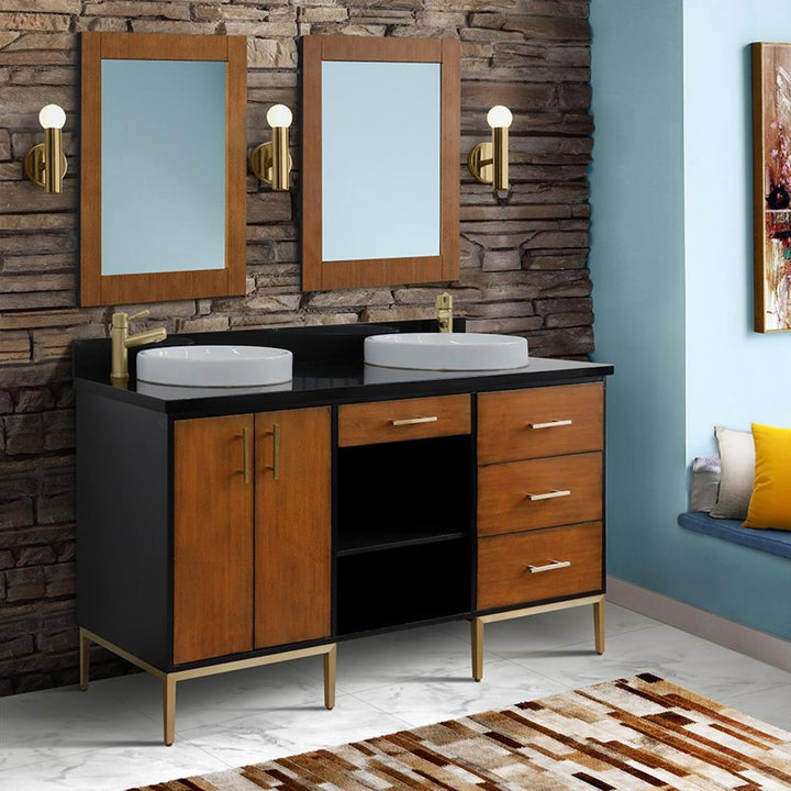 Bellaterra Imola 61" Double Vanity, Walnut And Black, Black Galaxy Granite Top/Round Sink