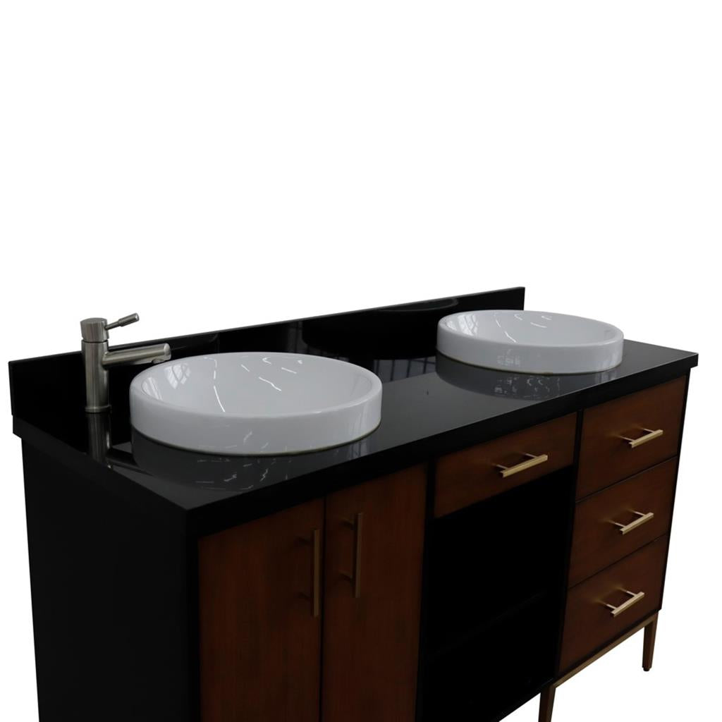 Bellaterra Imola 61" Double Vanity, Walnut And Black, Black Galaxy Granite Top/Round Sink