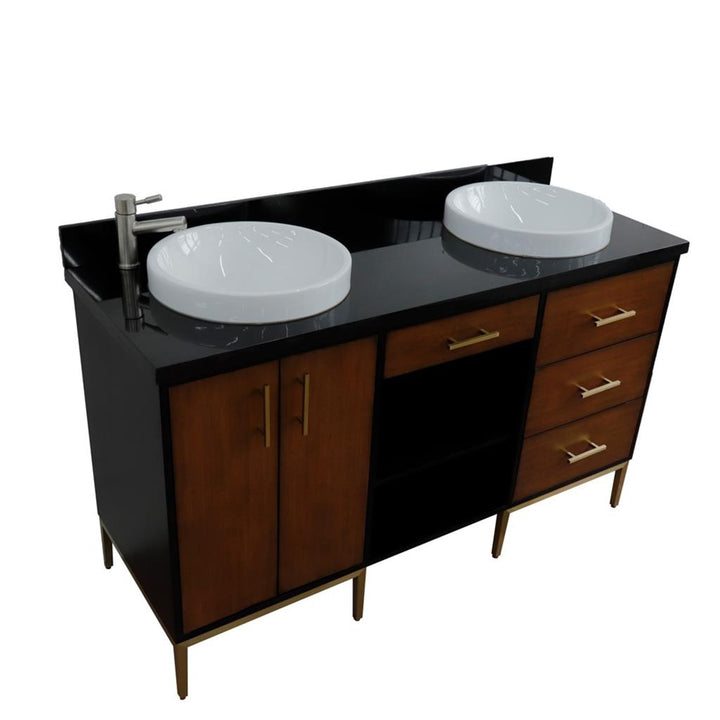 Bellaterra Imola 61" Double Vanity, Walnut And Black, Black Galaxy Granite Top/Round Sink