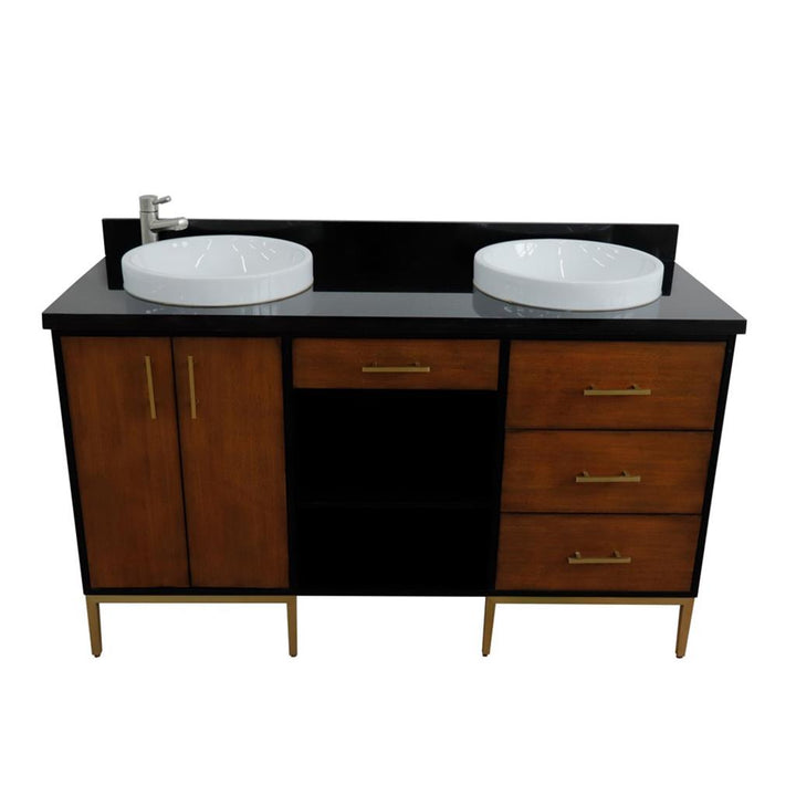 Bellaterra Imola 61" Double Vanity, Walnut And Black, Black Galaxy Granite Top/Round Sink