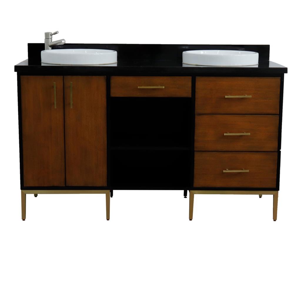 Bellaterra Imola 61" Double Vanity, Walnut And Black, Black Galaxy Granite Top/Round Sink