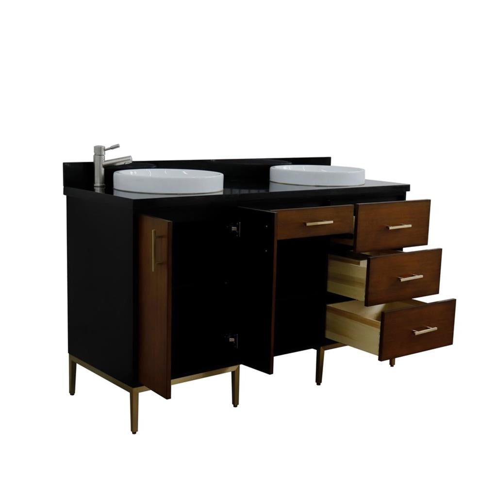 Bellaterra Imola 61" Double Vanity, Walnut And Black, Black Galaxy Granite Top/Round Sink