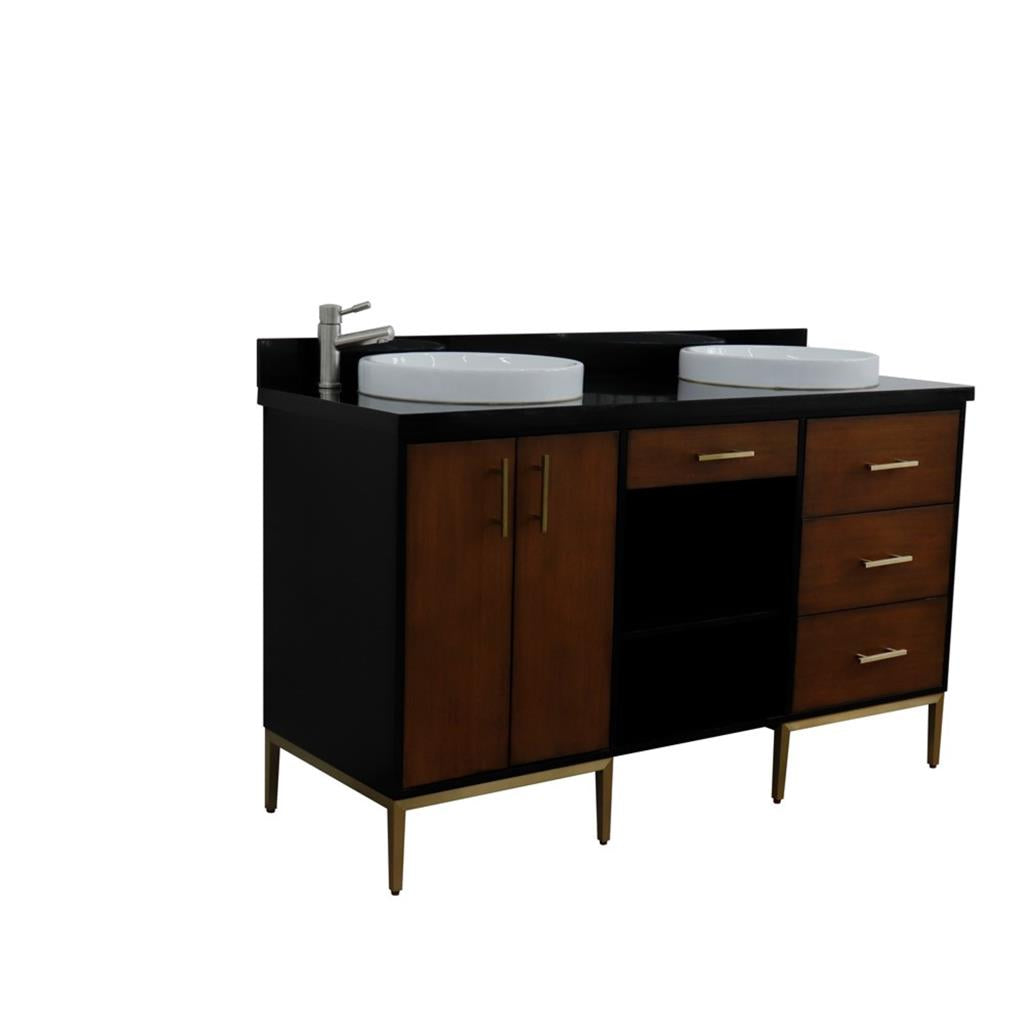 Bellaterra Imola 61" Double Vanity, Walnut And Black, Black Galaxy Granite Top/Round Sink