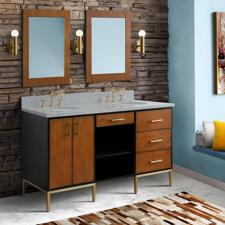 Bellaterra Imola 61" Double Vanity, Walnut And Black, Gray Granite Top/Oval Sink