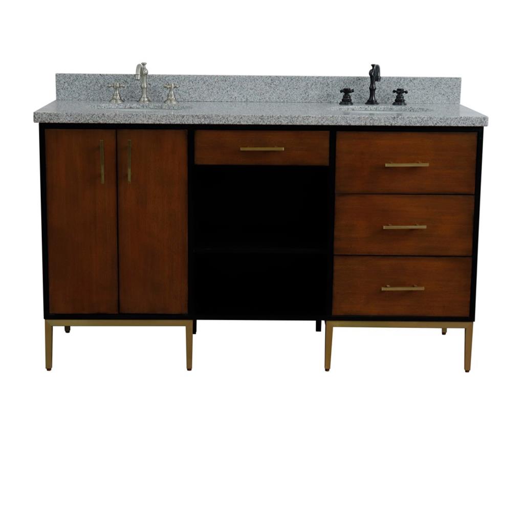 Bellaterra Imola 61" Double Vanity, Walnut And Black, Gray Granite Top/Oval Sink