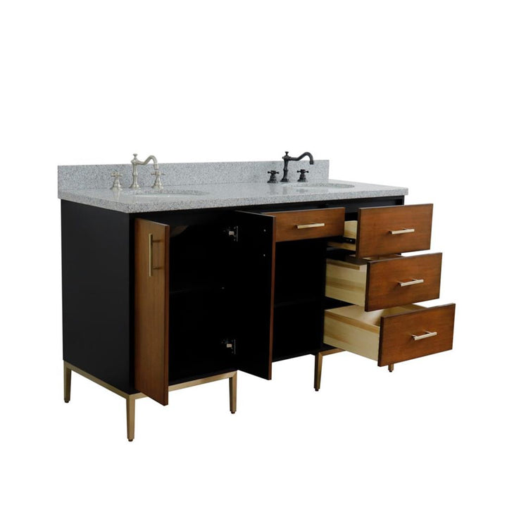 Bellaterra Imola 61" Double Vanity, Walnut And Black, Gray Granite Top/Oval Sink