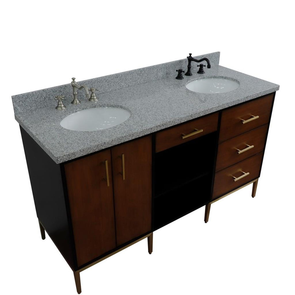 Bellaterra Imola 61" Double Vanity, Walnut And Black, Gray Granite Top/Oval Sink