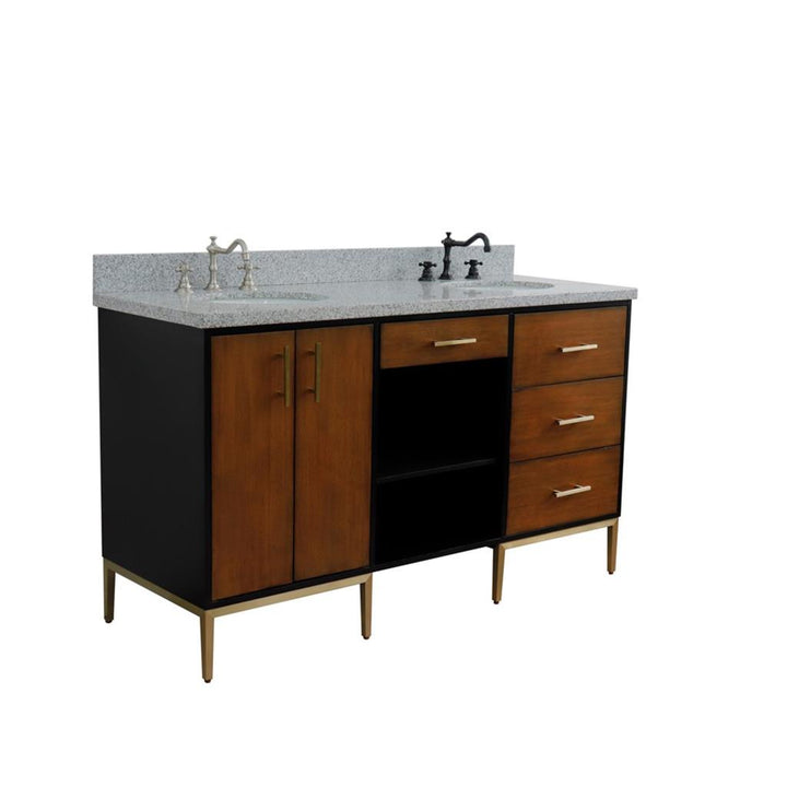 Bellaterra Imola 61" Double Vanity, Walnut And Black, Gray Granite Top/Oval Sink