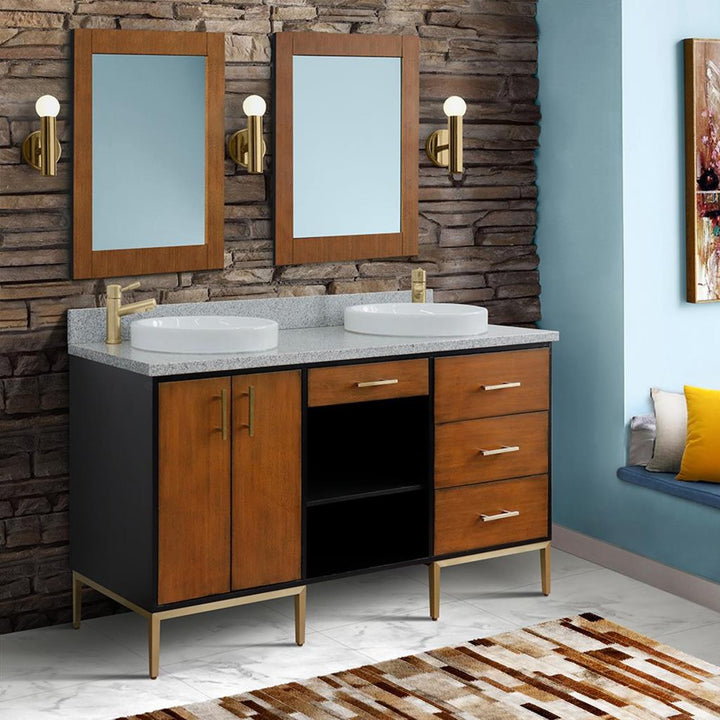 Bellaterra Imola 61" Double Vanity, Walnut And Black, Gray Granite Top/Round Sink