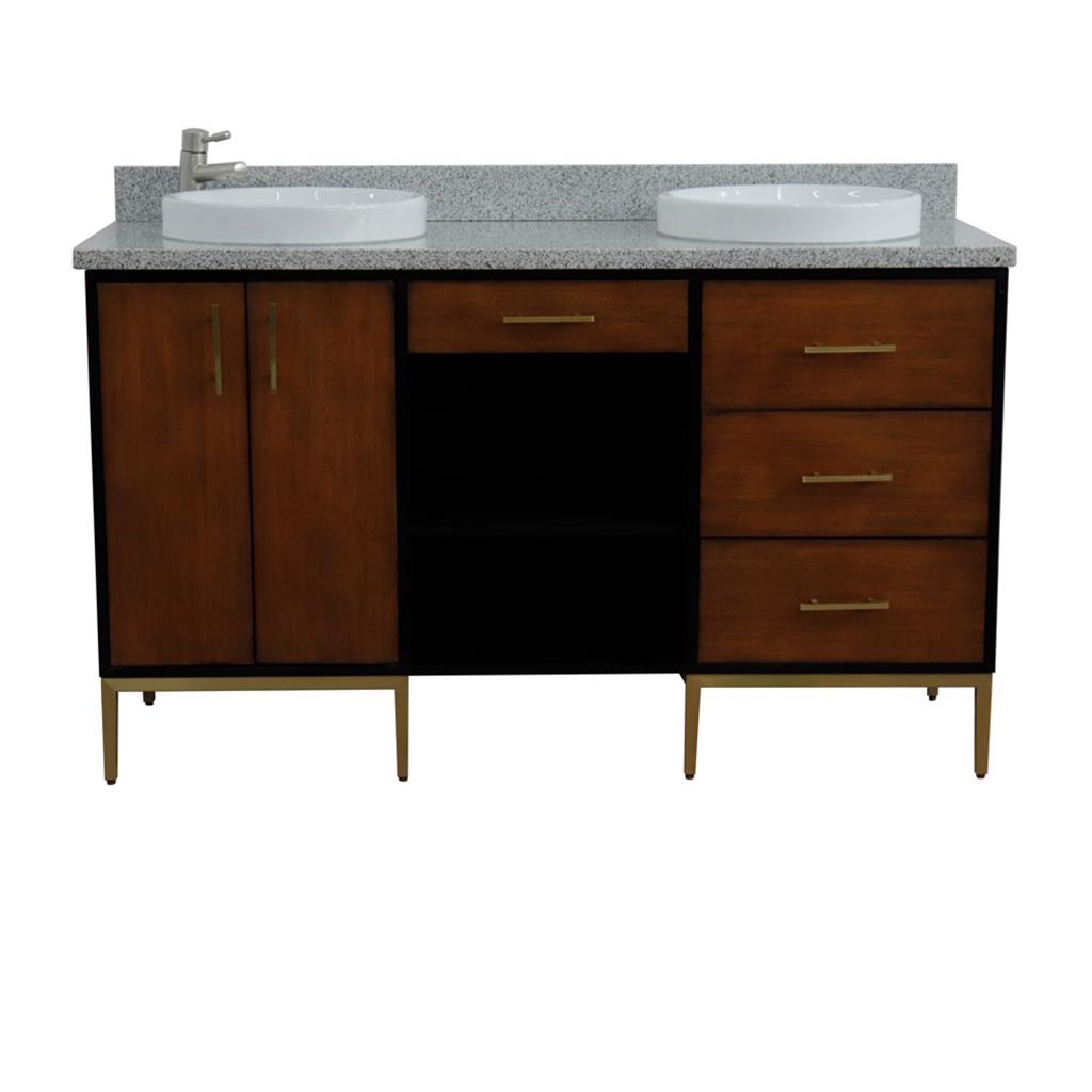 Bellaterra Imola 61" Double Vanity, Walnut And Black, Gray Granite Top/Round Sink