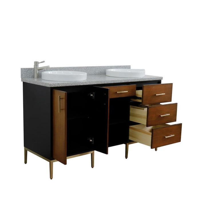 Bellaterra Imola 61" Double Vanity, Walnut And Black, Gray Granite Top/Round Sink