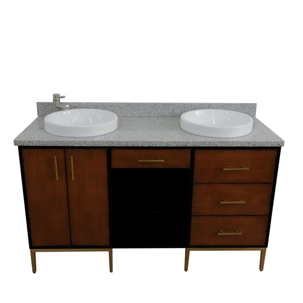 Bellaterra Imola 61" Double Vanity, Walnut And Black, Gray Granite Top/Round Sink