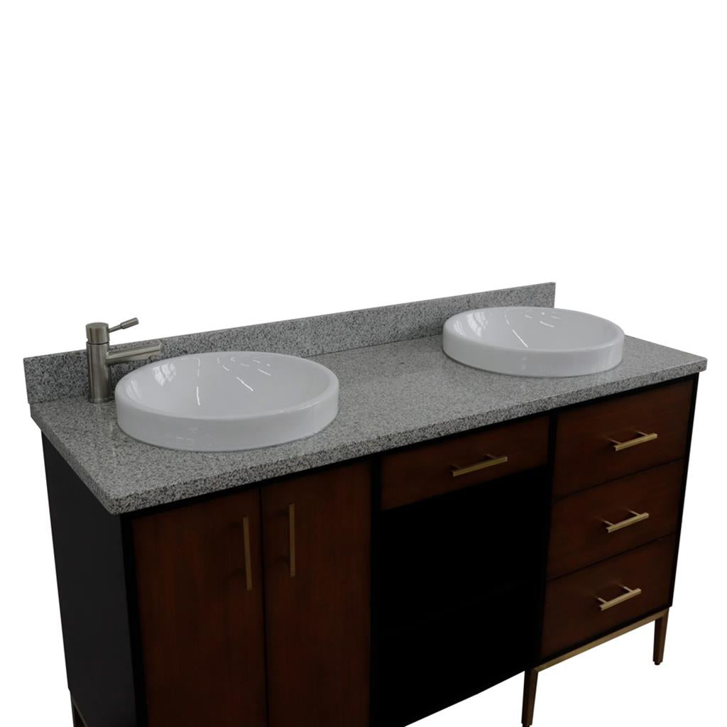 Bellaterra Imola 61" Double Vanity, Walnut And Black, Gray Granite Top/Round Sink