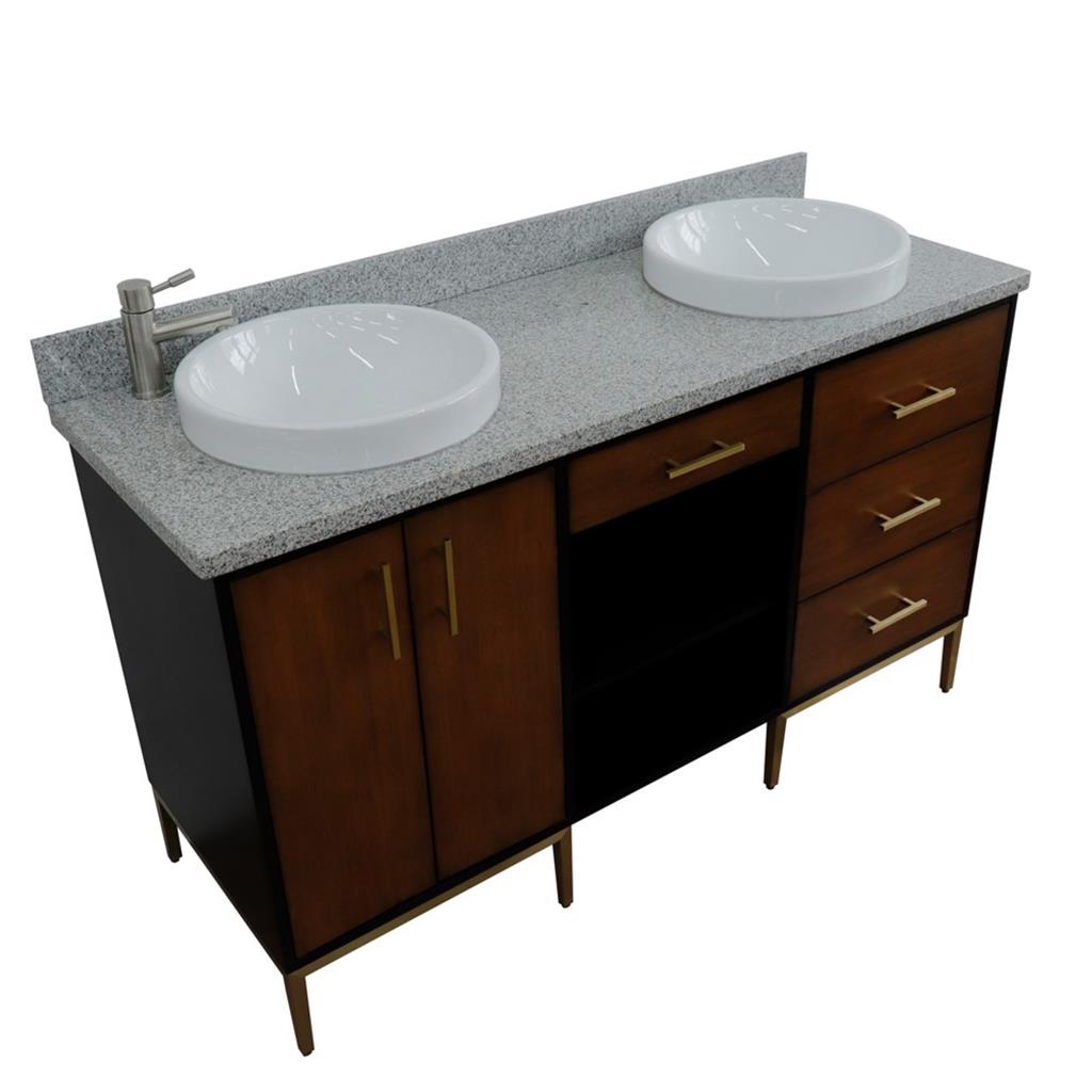 Bellaterra Imola 61" Double Vanity, Walnut And Black, Gray Granite Top/Round Sink