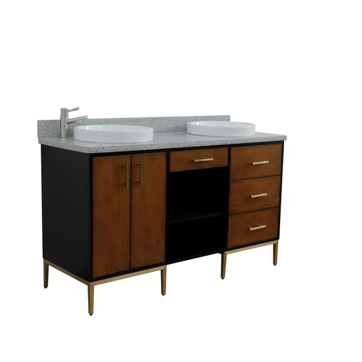 Bellaterra Imola 61" Double Vanity, Walnut And Black, Gray Granite Top/Round Sink