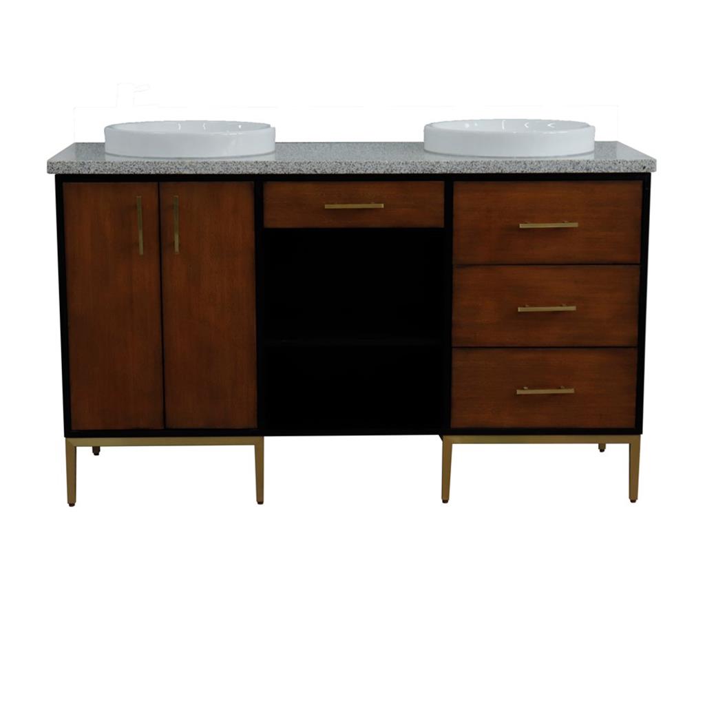 Bellaterra Imola 61" Double Vanity, Walnut And Black, Gray Granite Top/Round Sink