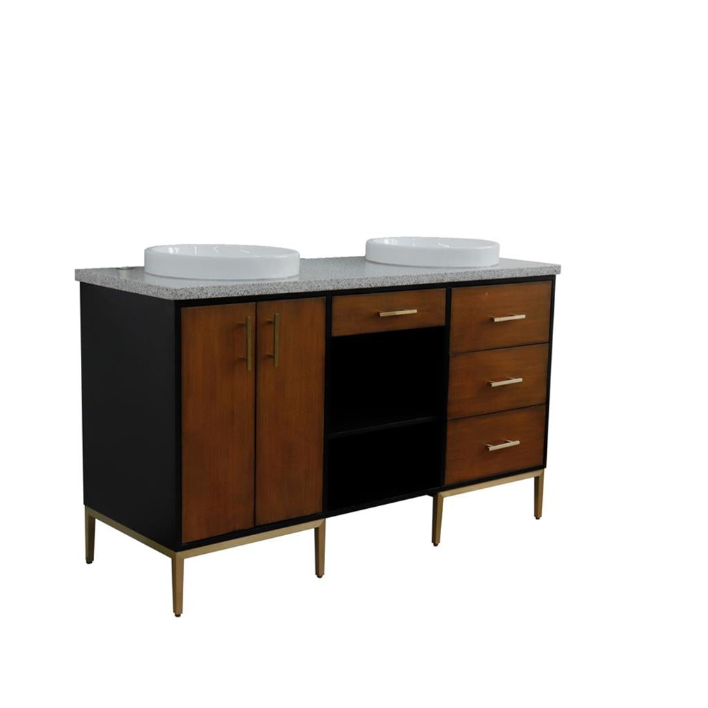 Bellaterra Imola 61" Double Vanity, Walnut And Black, Gray Granite Top/Round Sink