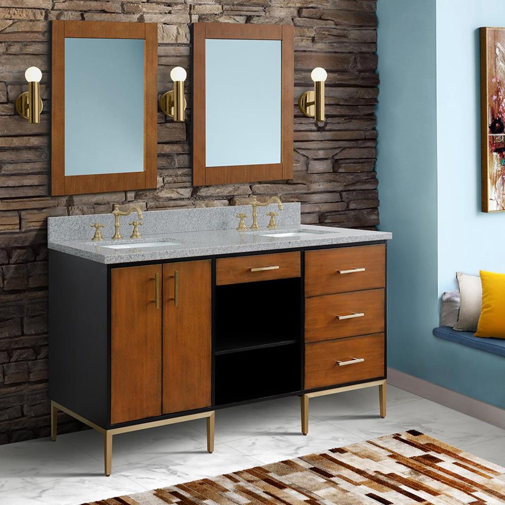 Bellaterra Imola 61" Double Vanity, Walnut And Black, Gray Granite Top/Rectangle Sink