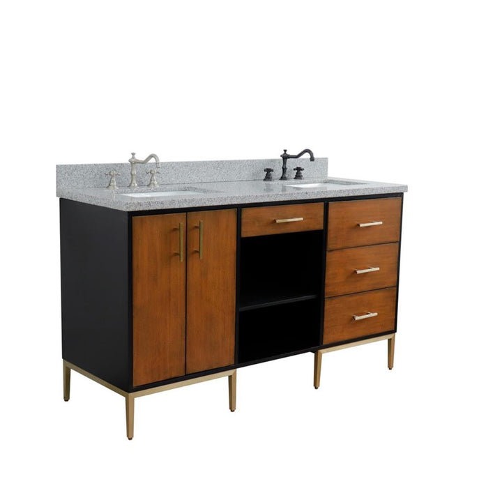 Bellaterra Imola 61" Double Vanity, Walnut And Black, Gray Granite Top/Rectangle Sink