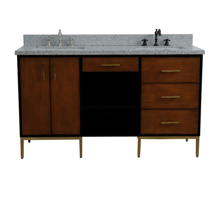 Bellaterra Imola 61" Double Vanity, Walnut And Black, Gray Granite Top/Rectangle Sink