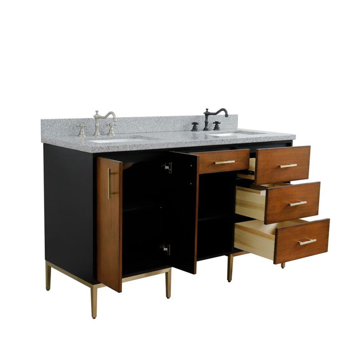 Bellaterra Imola 61" Double Vanity, Walnut And Black, Gray Granite Top/Rectangle Sink