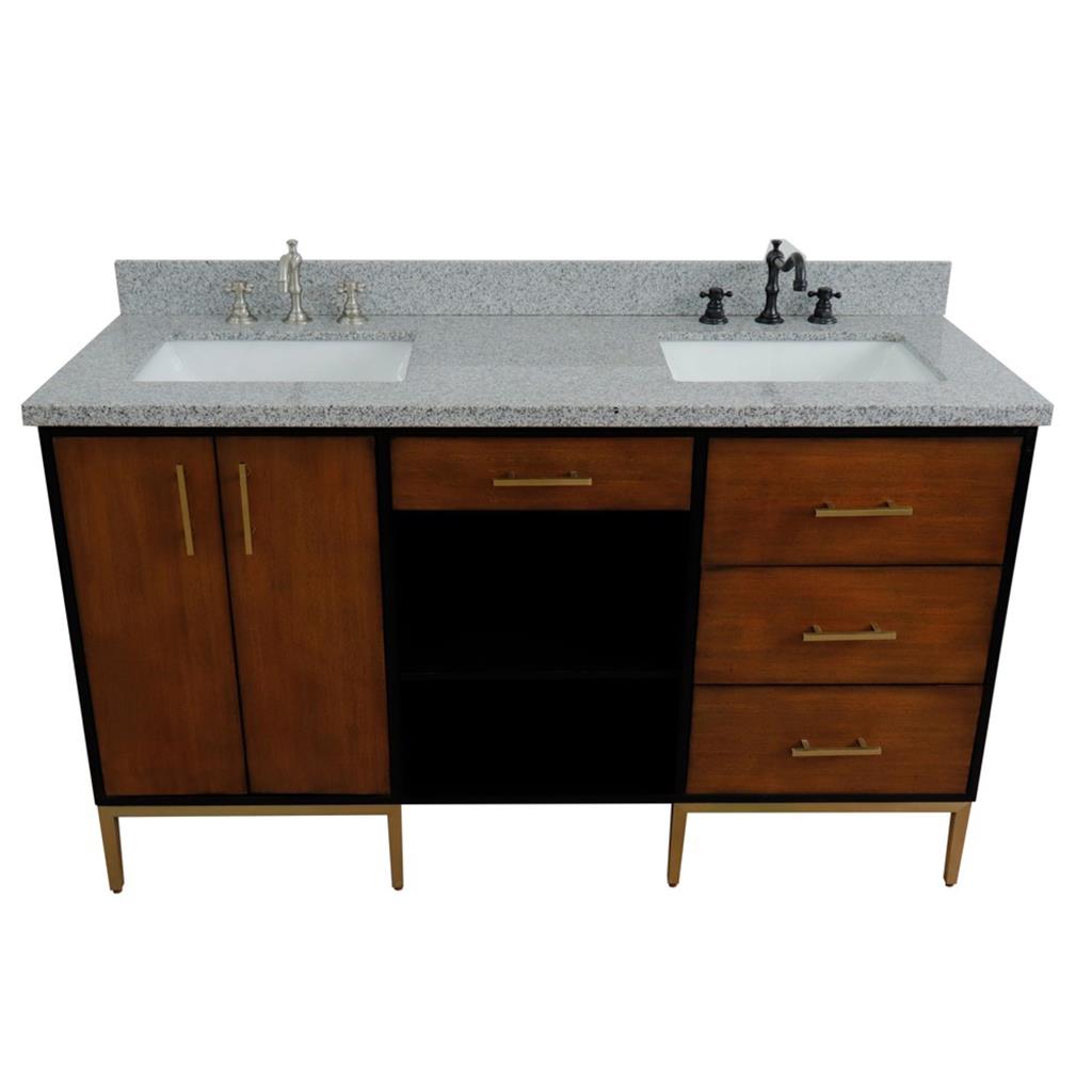 Bellaterra Imola 61" Double Vanity, Walnut And Black, Gray Granite Top/Rectangle Sink