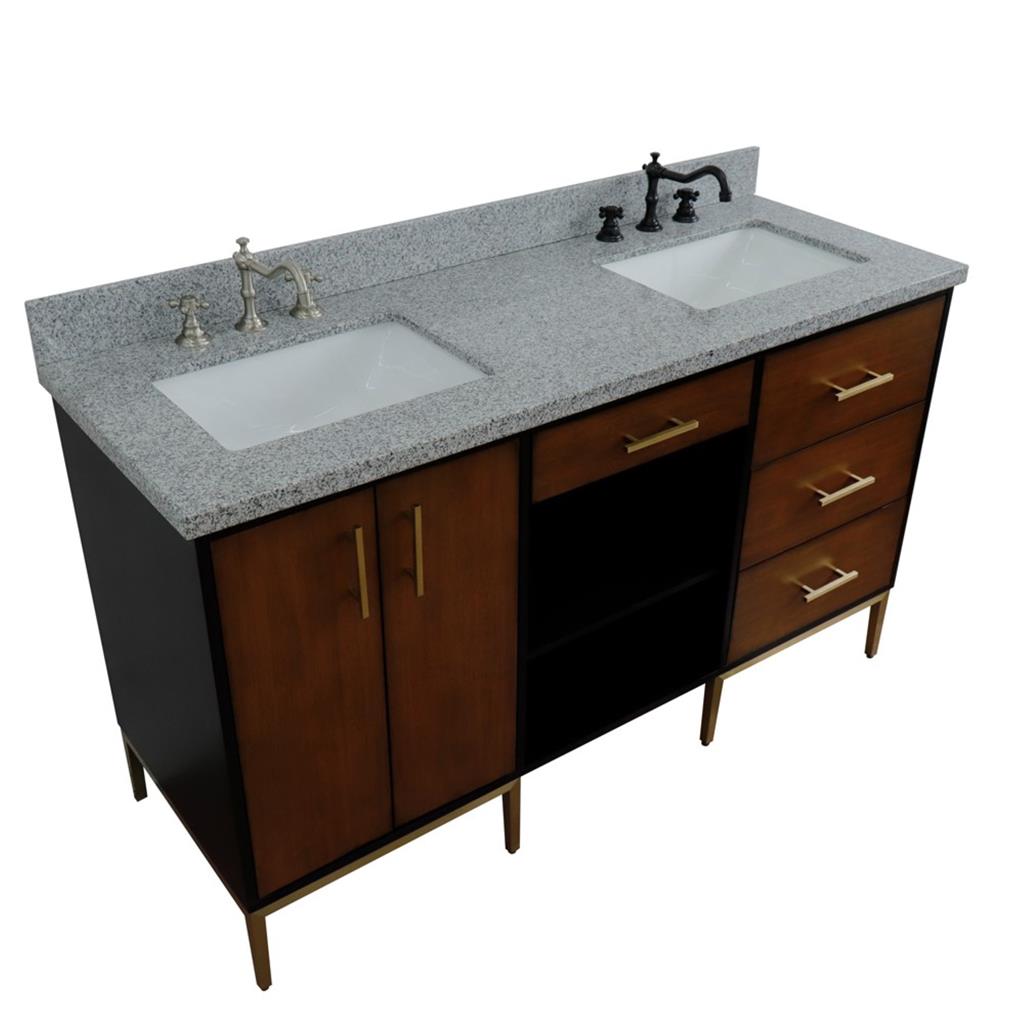 Bellaterra Imola 61" Double Vanity, Walnut And Black, Gray Granite Top/Rectangle Sink