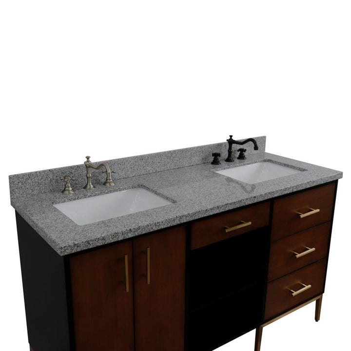 Bellaterra Imola 61" Double Vanity, Walnut And Black, Gray Granite Top/Rectangle Sink