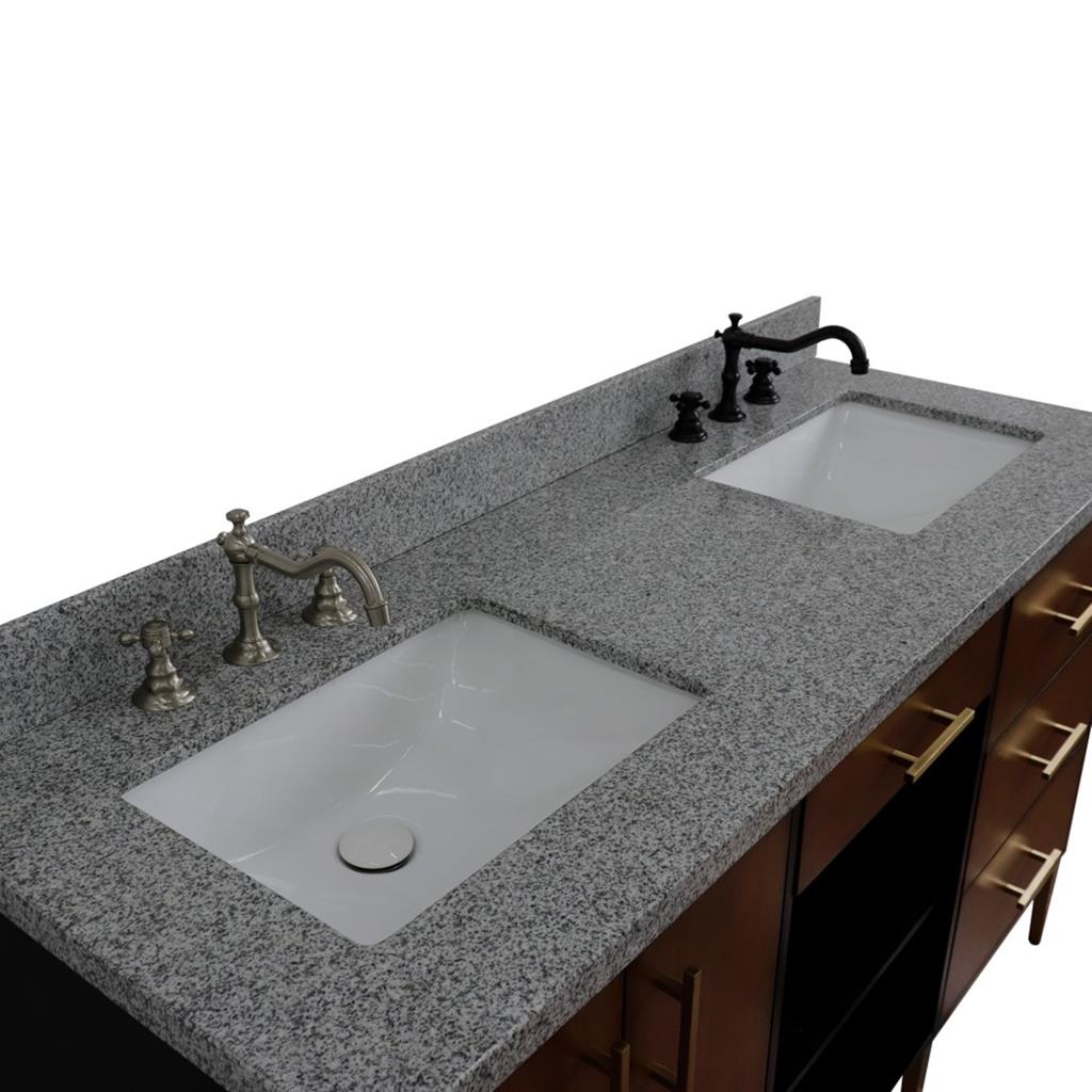 Bellaterra Imola 61" Double Vanity, Walnut And Black, Gray Granite Top/Rectangle Sink