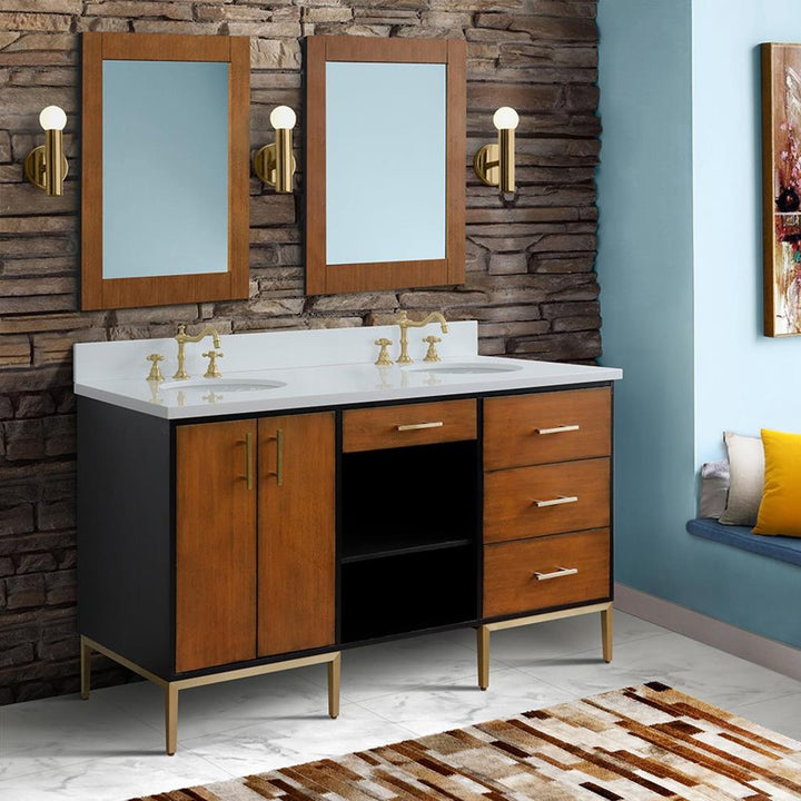 Bellaterra Imola 61" Double Vanity, Walnut And Black, White Quartz Top/Oval Sink