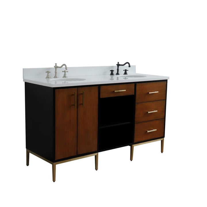 Bellaterra Imola 61" Double Vanity, Walnut And Black, White Quartz Top/Oval Sink