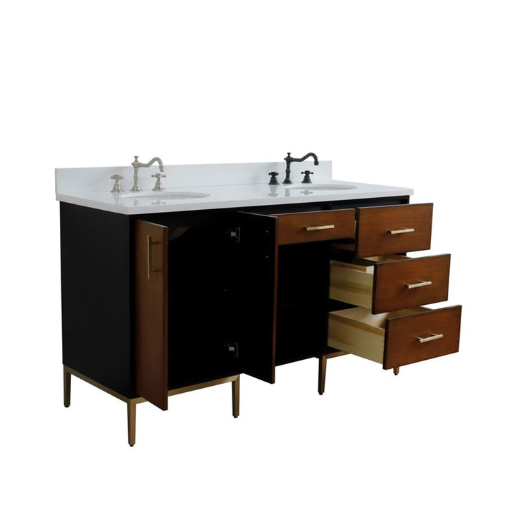 Bellaterra Imola 61" Double Vanity, Walnut And Black, White Quartz Top/Oval Sink