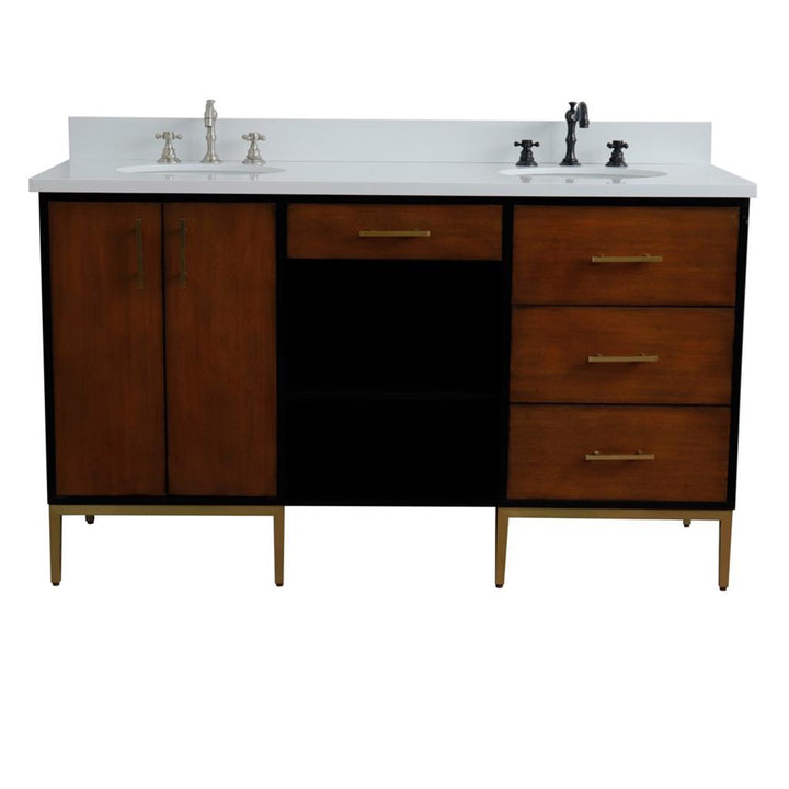 Bellaterra Imola 61" Double Vanity, Walnut And Black, White Quartz Top/Oval Sink