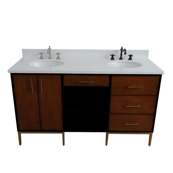 Bellaterra Imola 61" Double Vanity, Walnut And Black, White Quartz Top/Oval Sink