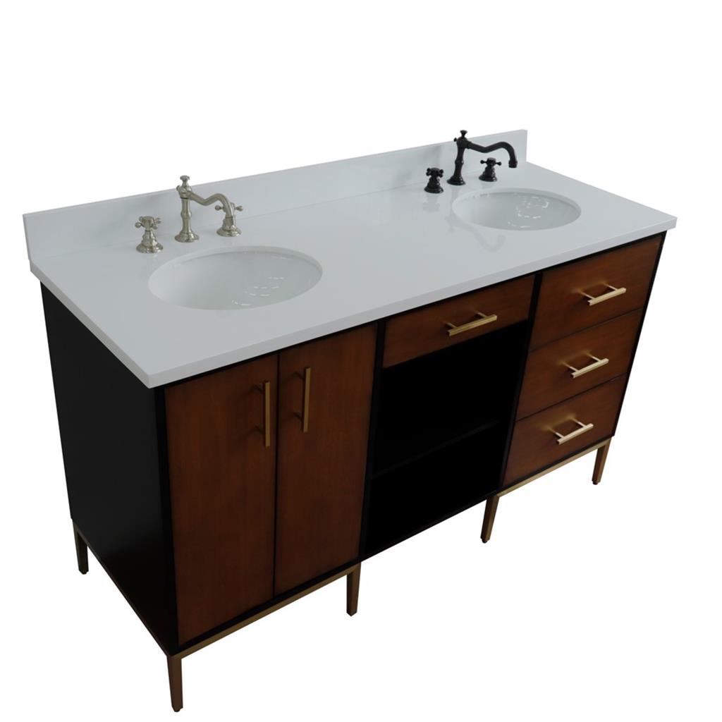 Bellaterra Imola 61" Double Vanity, Walnut And Black, White Quartz Top/Oval Sink