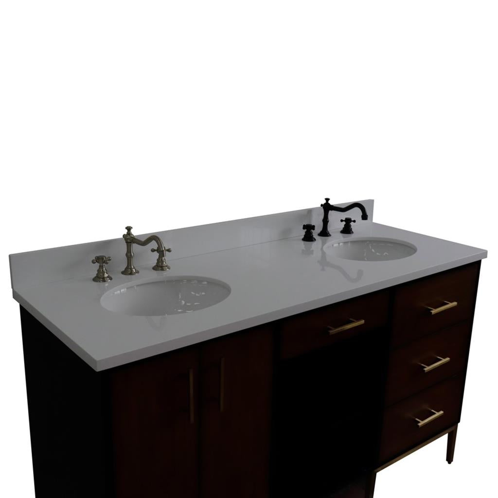 Bellaterra Imola 61" Double Vanity, Walnut And Black, White Quartz Top/Oval Sink