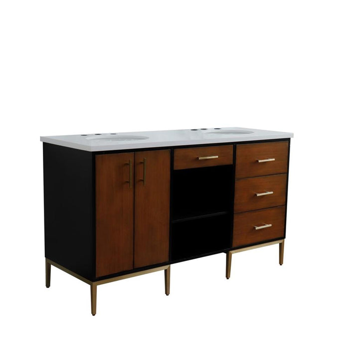 Bellaterra Imola 61" Double Vanity, Walnut And Black, White Quartz Top/Oval Sink