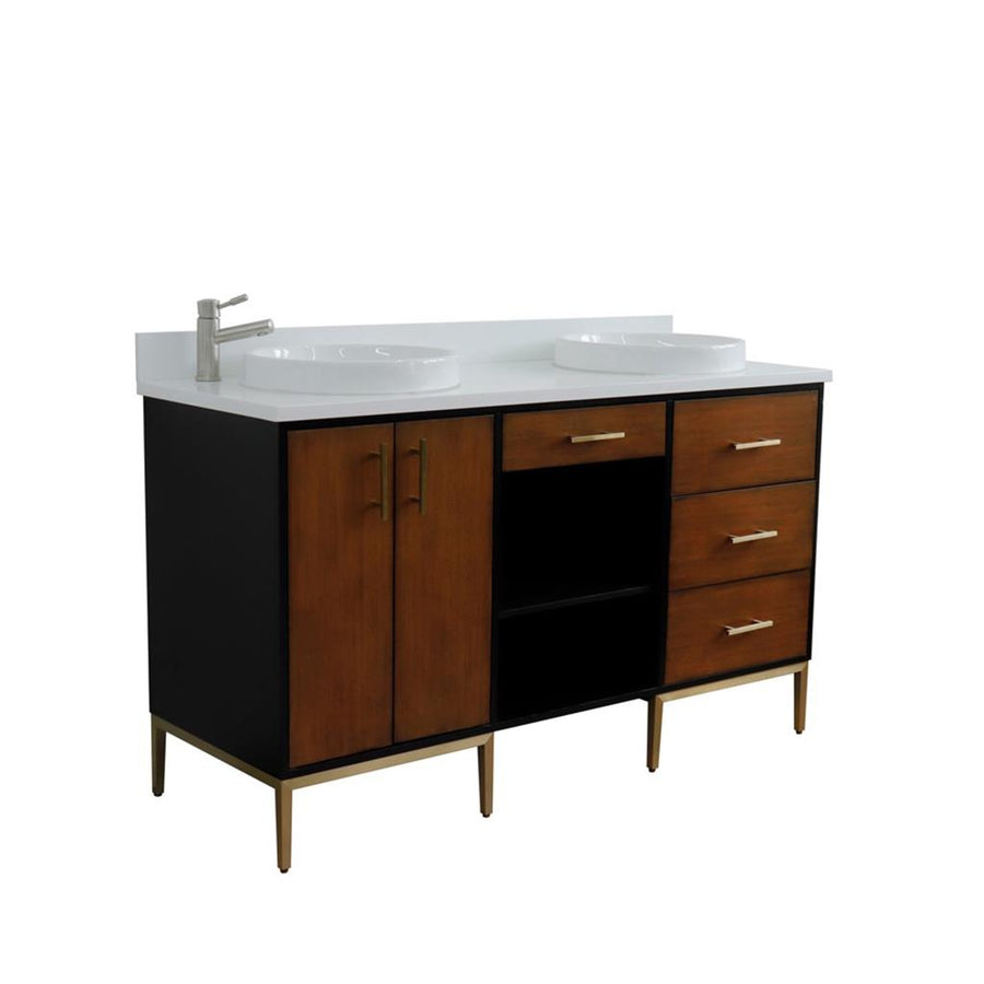 Bellaterra Imola 61" Double Vanity, Walnut And Black, White Quartz Top/Round Sink