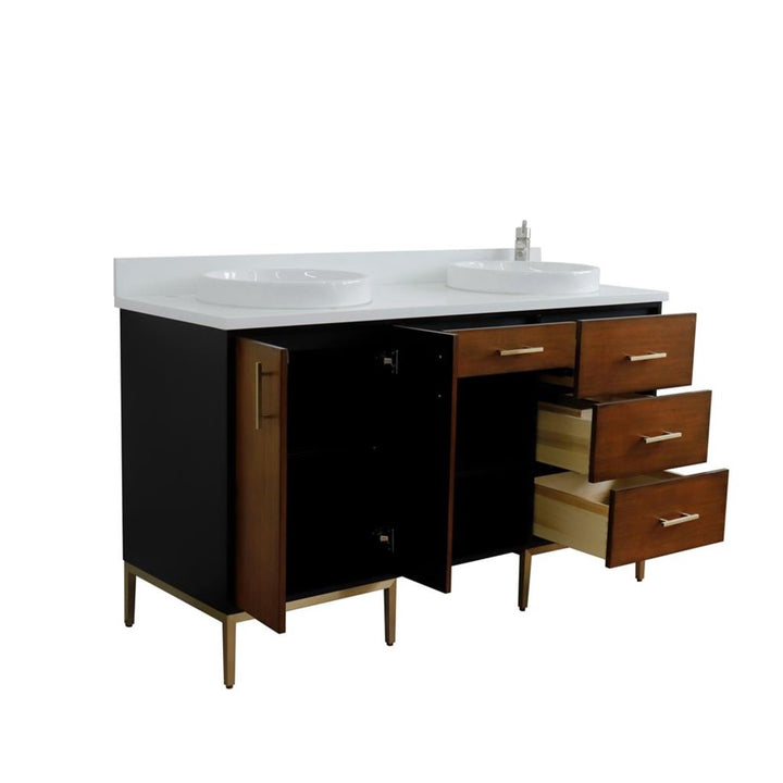 Bellaterra Imola 61" Double Vanity, Walnut And Black, White Quartz Top/Round Sink