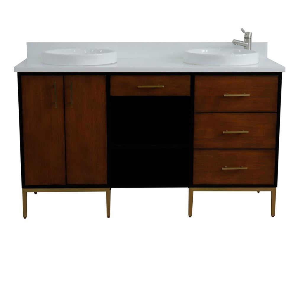 Bellaterra Imola 61" Double Vanity, Walnut And Black, White Quartz Top/Round Sink