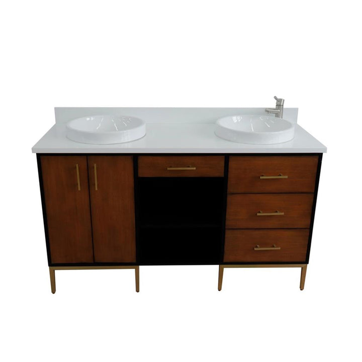 Bellaterra Imola 61" Double Vanity, Walnut And Black, White Quartz Top/Round Sink